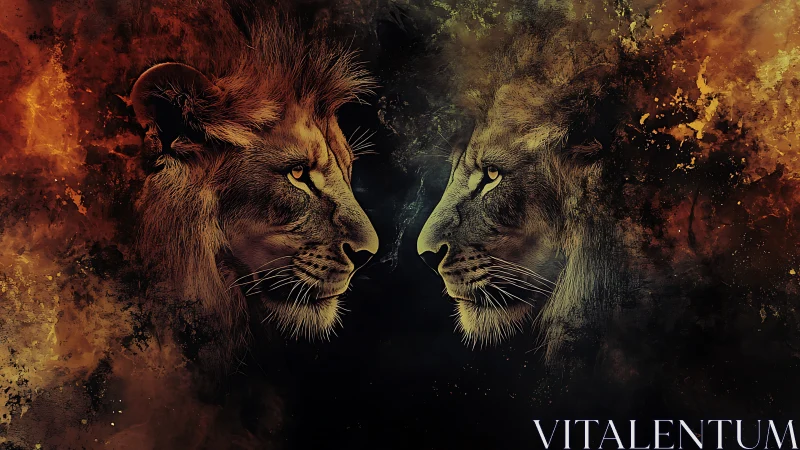 Twin Lions Face Off Against Fiery Inferno Backdrop.