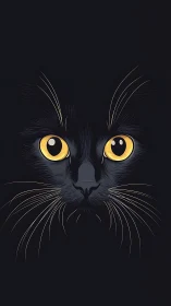 Black Feline Portrait with Luminous Amber Eyes Against Darkened Background