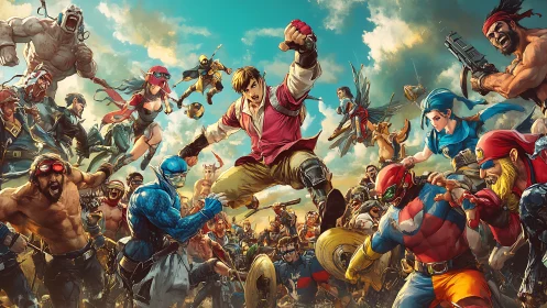 Epic superhero melee under dramatic sky in digital art.