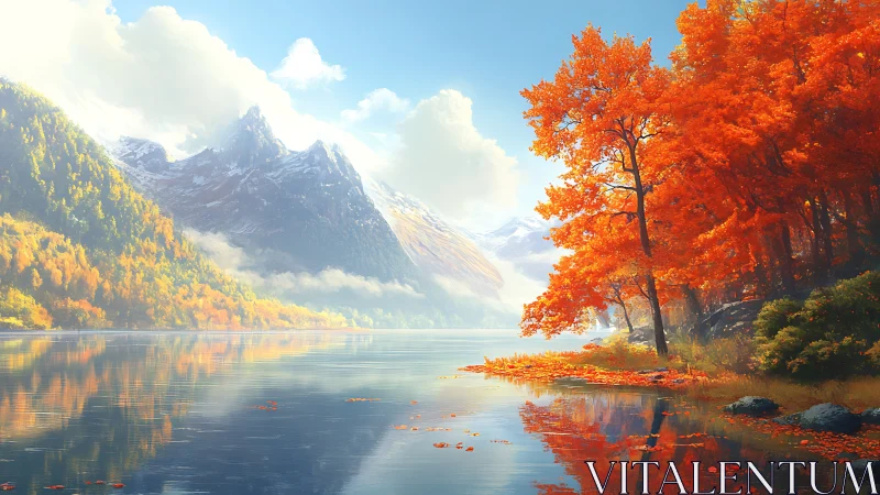 Autumn mountain lake with vivid orange forest reflections.