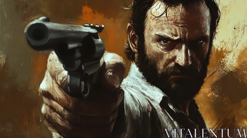 Gritty digital portrait of bearded man aiming revolver forward