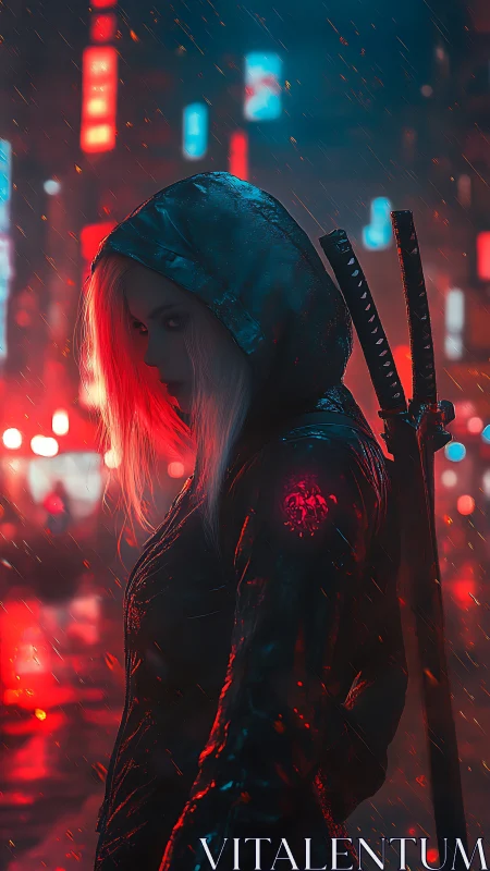 Hooded swordswoman stands in neon city street during rain