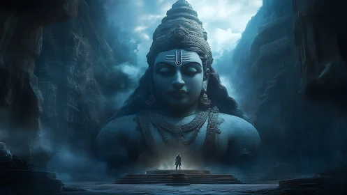 Colossal stone deity figure in mist-filled canyon environment.