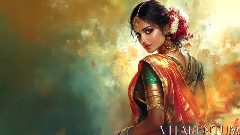 Elegant Indian Woman in Traditional Saree, Vibrant Digital Art.
