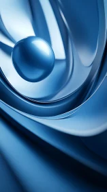 Metallic blue sphere hovers within curved layered ribbons