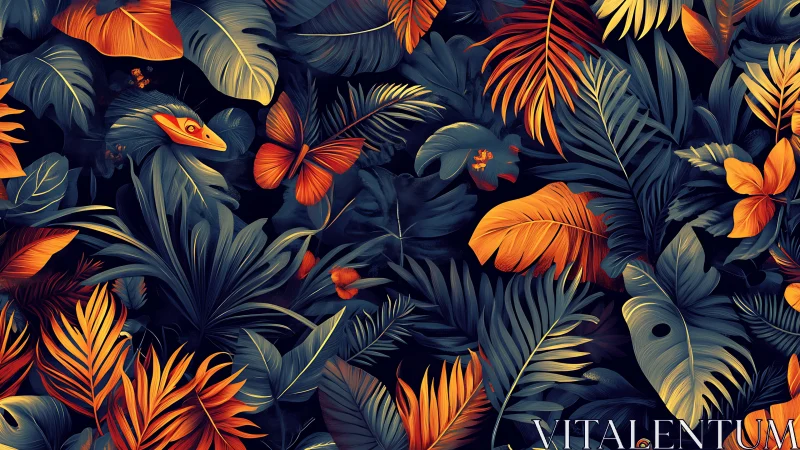 Neon-lit tropical foliage and fauna form a dense ornamental pattern