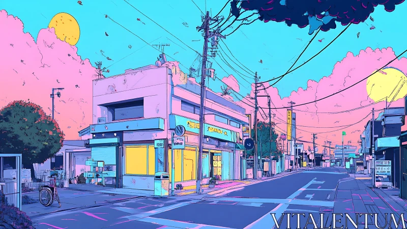 Neon dusk street scene under cotton candy sky.