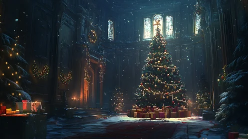 Grand winter hall aglow with magical Christmas warmth.