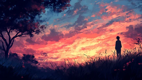 Silhouetted figure observing vivid sunset sky over grassy ridge