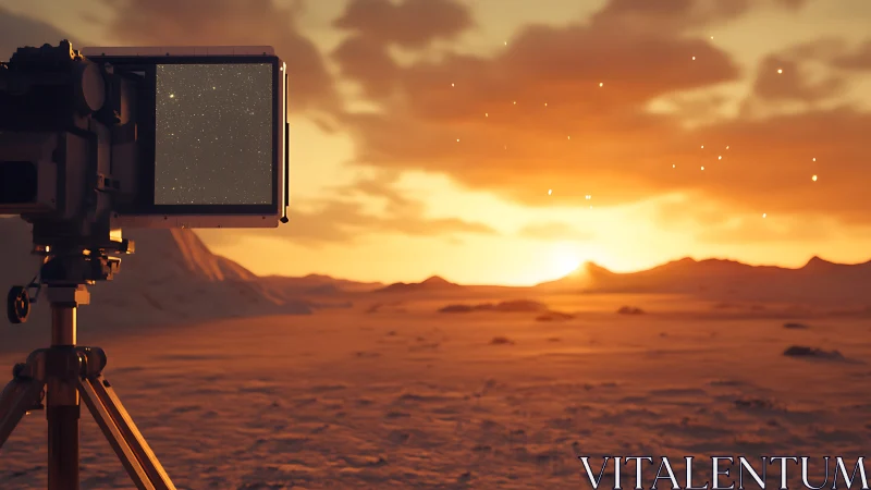 Astrophotography rig on tripod in desert sunset environment