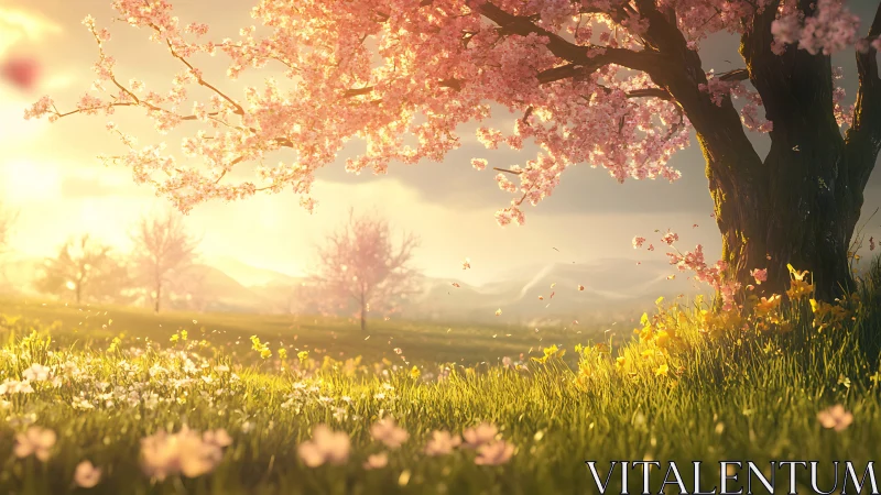 Sunlit cherry blossom tree over glowing spring meadow.