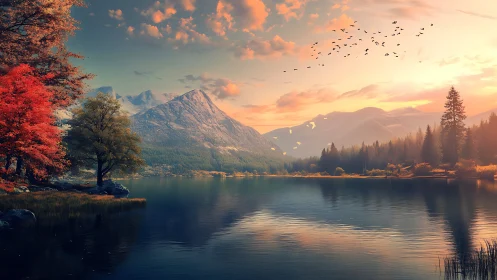 Spectral autumn lakefront with alpine ridgeline and avian vectors.