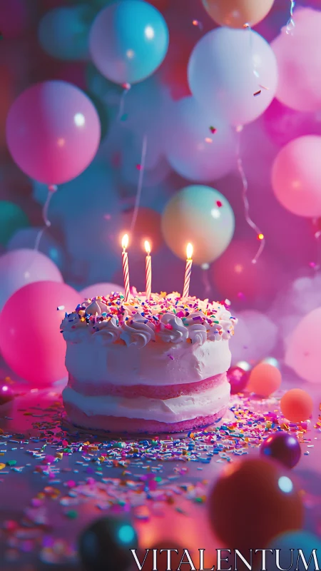 Illuminated Birthday Cake Surrounded by Vibrant Neon Balloons.