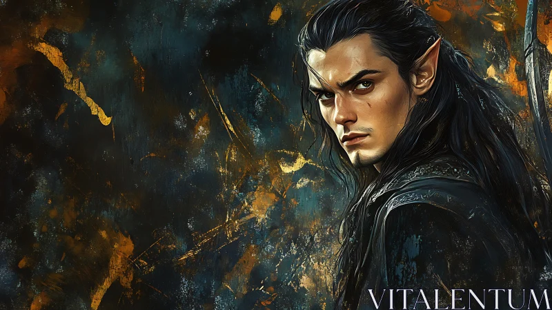 Brooding elf ranger against molten dusk-streaked void.