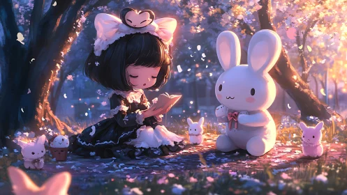 Gentle twilight picnic gathers girl and bunnies beneath blossoms