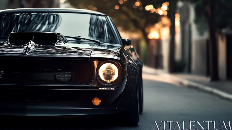 Classic black muscle car is parked on a quiet urban street