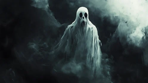 Ghostly white specter emerges from swirling dark mist.