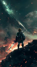 Heroic warrior overlooks volcanic battlefield in dusk glow.