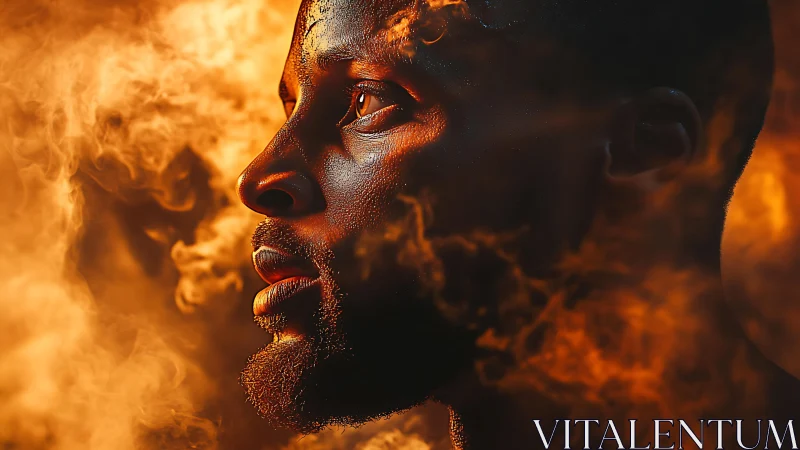 Portrait study in fiery orange smoke with dramatic rim light.