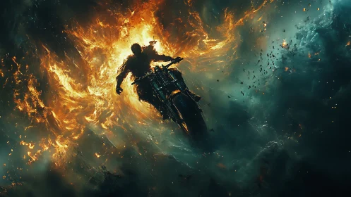 Fearless cosmic rider carving fire through the storm.