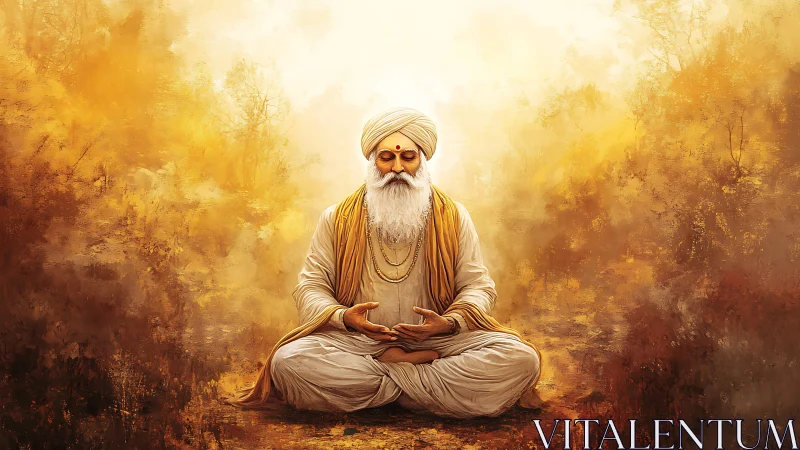 Mystic guru meditates in golden forest light, serene focus.