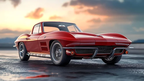 Red classic sports coupe on wet pavement at sunset.