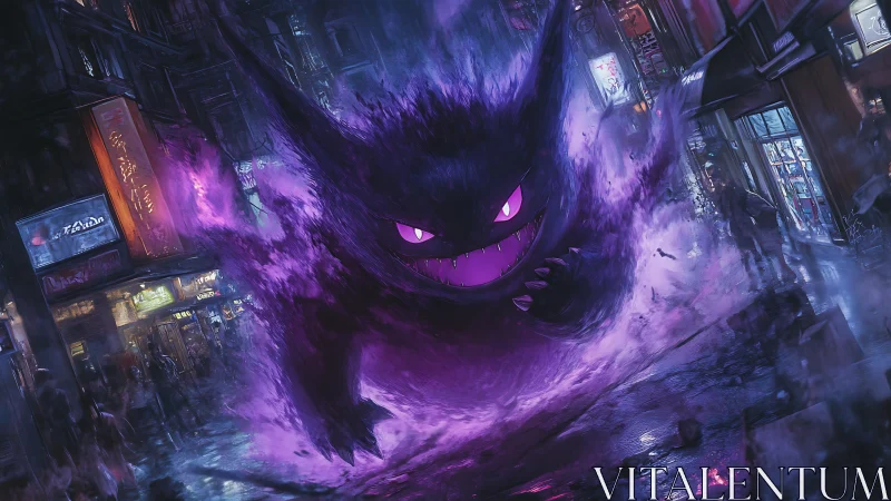 Ghostly monster erupts in neon alleyway with swirling energy.