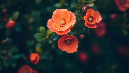 Dewy coral roses bloom with intimate garden elegance