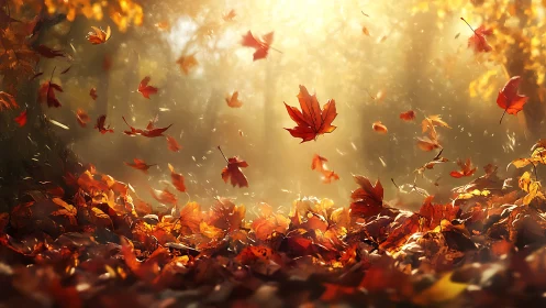 Golden autumn leaves swirl through a sunlit forest haze