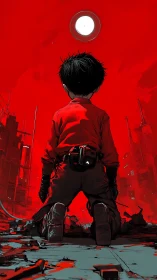 Kneeling figure studies red dystopian city under void moon.