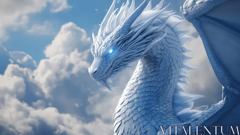 White scaled dragon profile against dense clouded sky.