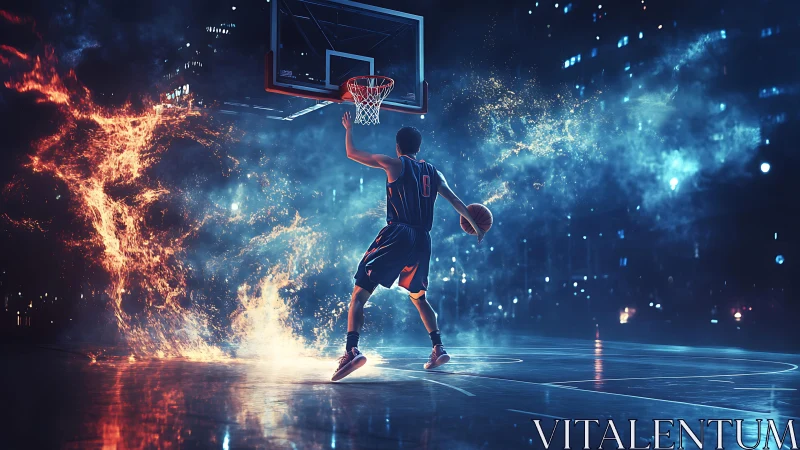 Basketball player drives toward hoop through fire and smoke