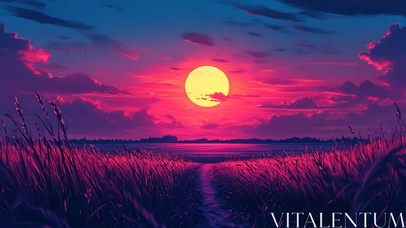 Digital painting sunset path with neon celestials and grasses.