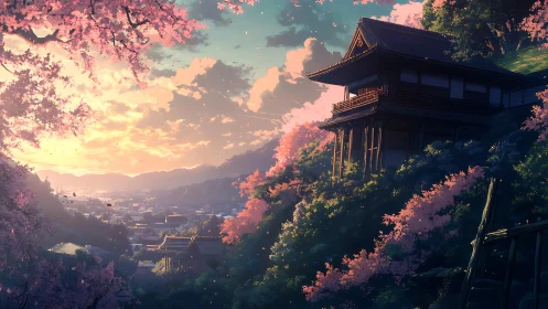 Sunlit hillside ryokan overlooks sakura valley at golden hour