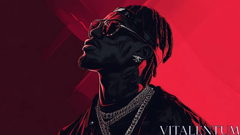 Bold vector portrait of hip hop artist on red background.