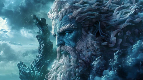 Mythic ocean titan portrait in storm-lit cyan atmospheric haze.