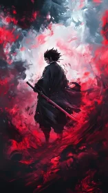 Lone anime swordsman wrapped in swirling fire and storm.