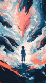 Storm-lit shinobi confronting spectral fox dragons overhead.