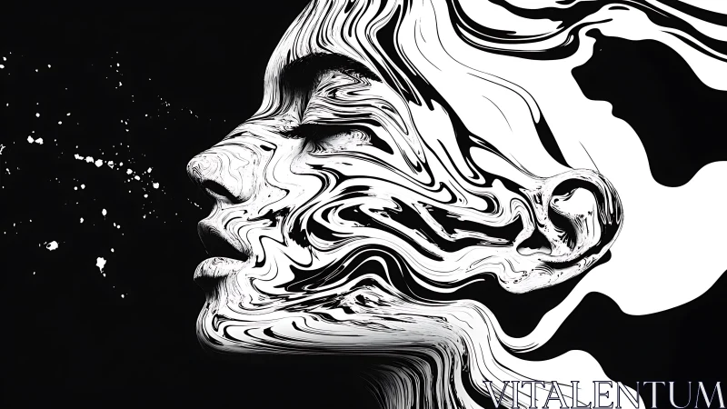 Monochrome fluid portrait with liquified contour profiles in motion.