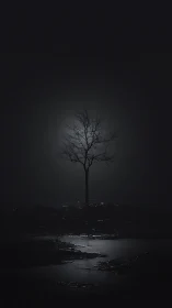 Lone winter tree stands in moonlit darkness over still water