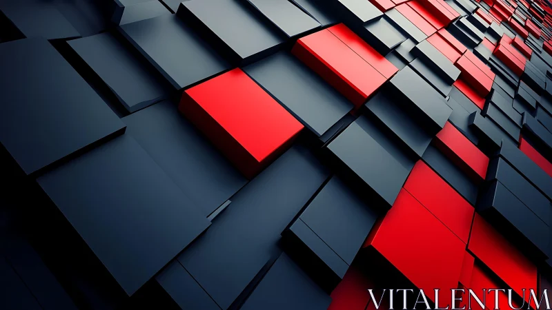 Abstract geometric wall with red and black 3D blocks, modern style.