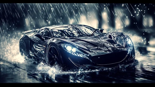 Low-angle view of black sports car in heavy nighttime rain.