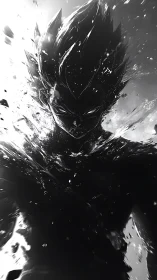 Monochrome anime warrior emerging in fragmented energy.