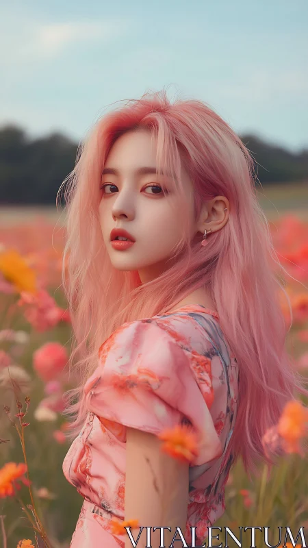 Soft pink-haired girl in dreamy spring wildflower meadow.