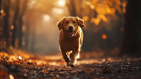 Golden dog joyfully running through a sunlit autumn forest.