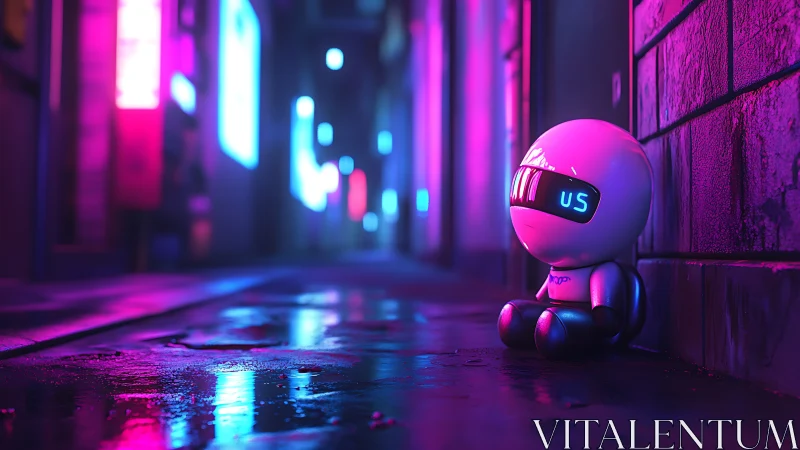 Chibi service robot in neon-lit cyberpunk alleyway at night