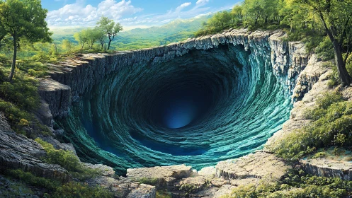 Enigmatic forest sinkhole opens into a vast turquoise abyss.
