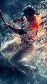 Baseball batter swings through explosive water and fire energy