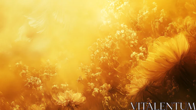 Golden wildflower field glows under diffused sunlight.