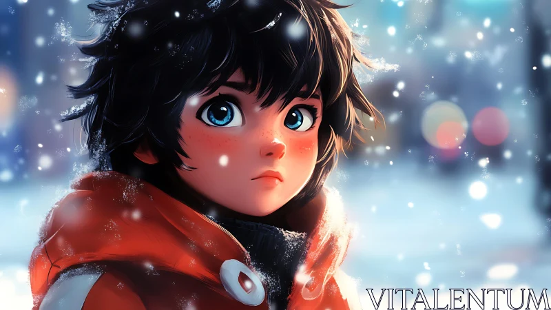 Young child in red coat standing in gentle winter snowfall.